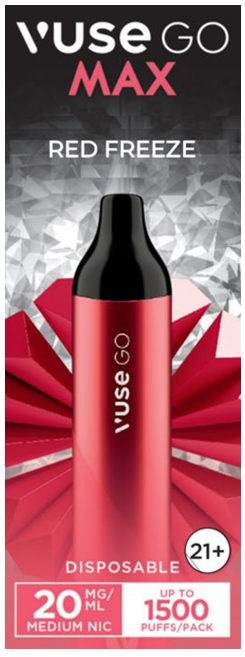 Товарный знак VUSE GO MAX RED FREEZE DISPOSABLE 21+ 20 MG/ML MEDIUM NIC UP  TO 1500 PUFFS/PACK — Онлайн база товарных знаков Республики Казахстан